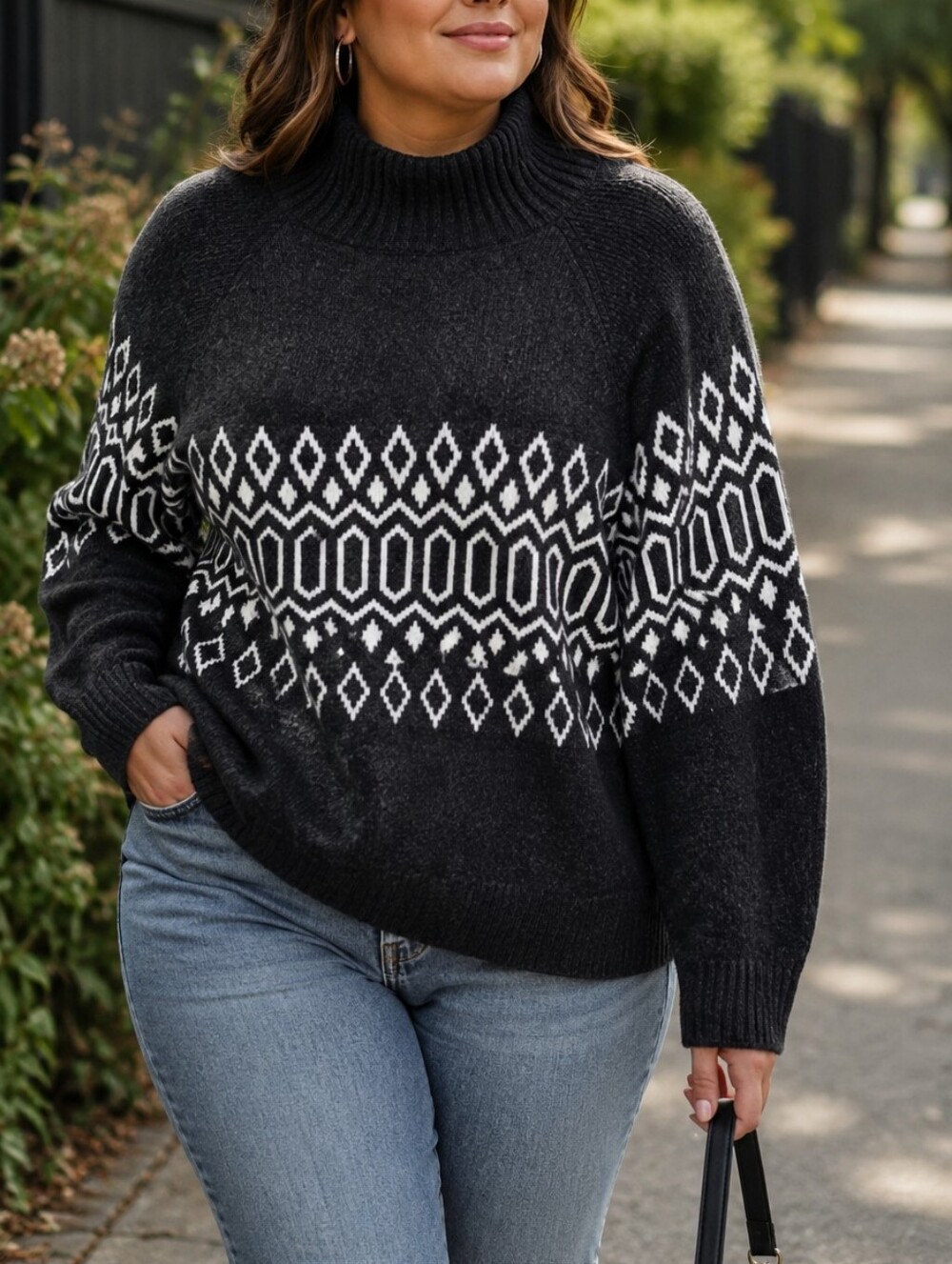 H&M Charcoal White Nordic Fair Isle Turtleneck Sweater Cozy Winter Knit